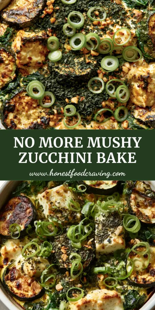 A top-down handheld photo of a Baked Zucchini Spinach Feta Casserole in a white dish, showing charred zucchini edges and chunky browned feta.