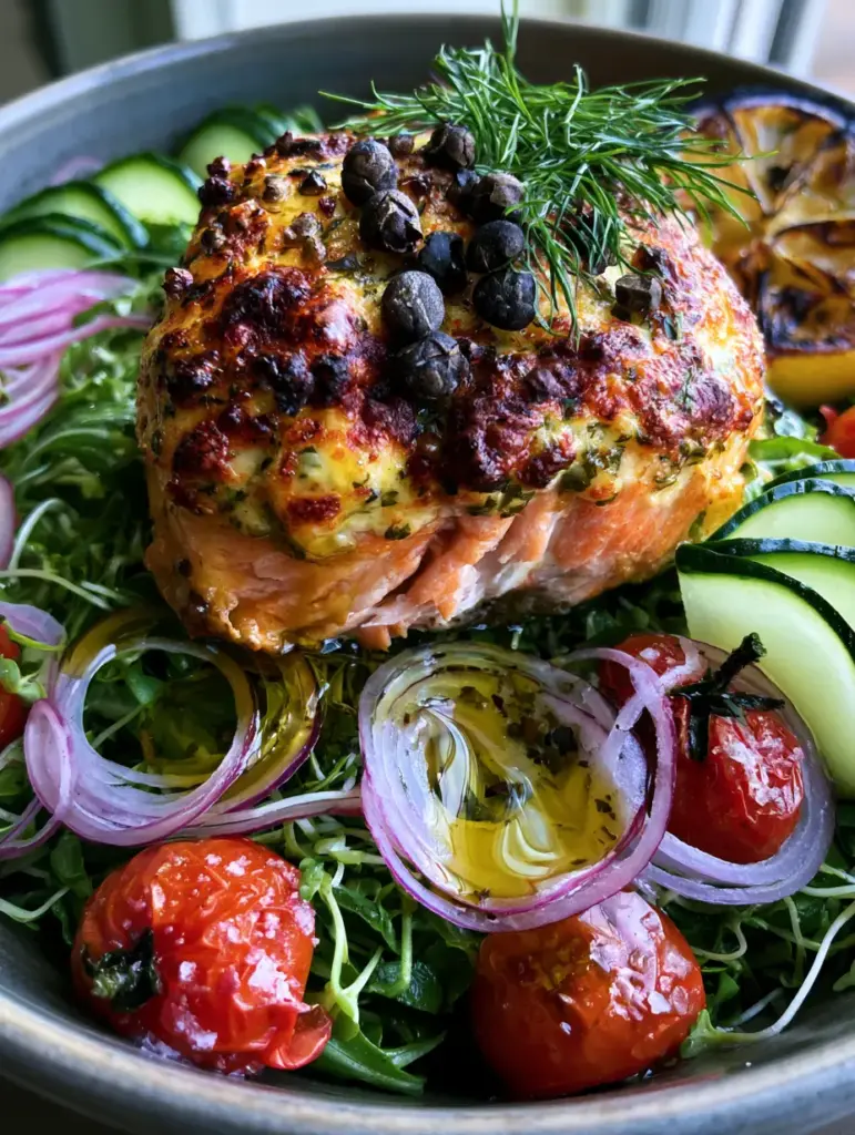 A high-end handheld smartphone photo of a Salmon Harvest Bowl in a charcoal bowl.