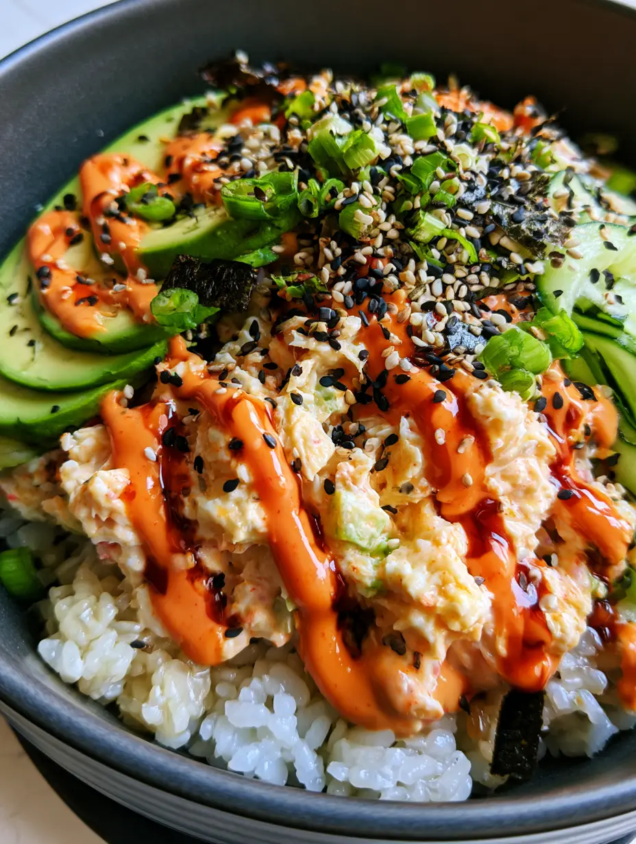 Overhead 45-degree shot of Spicy Crab Sushi Bowls showing glossy rice and shredded kani salad with celery.