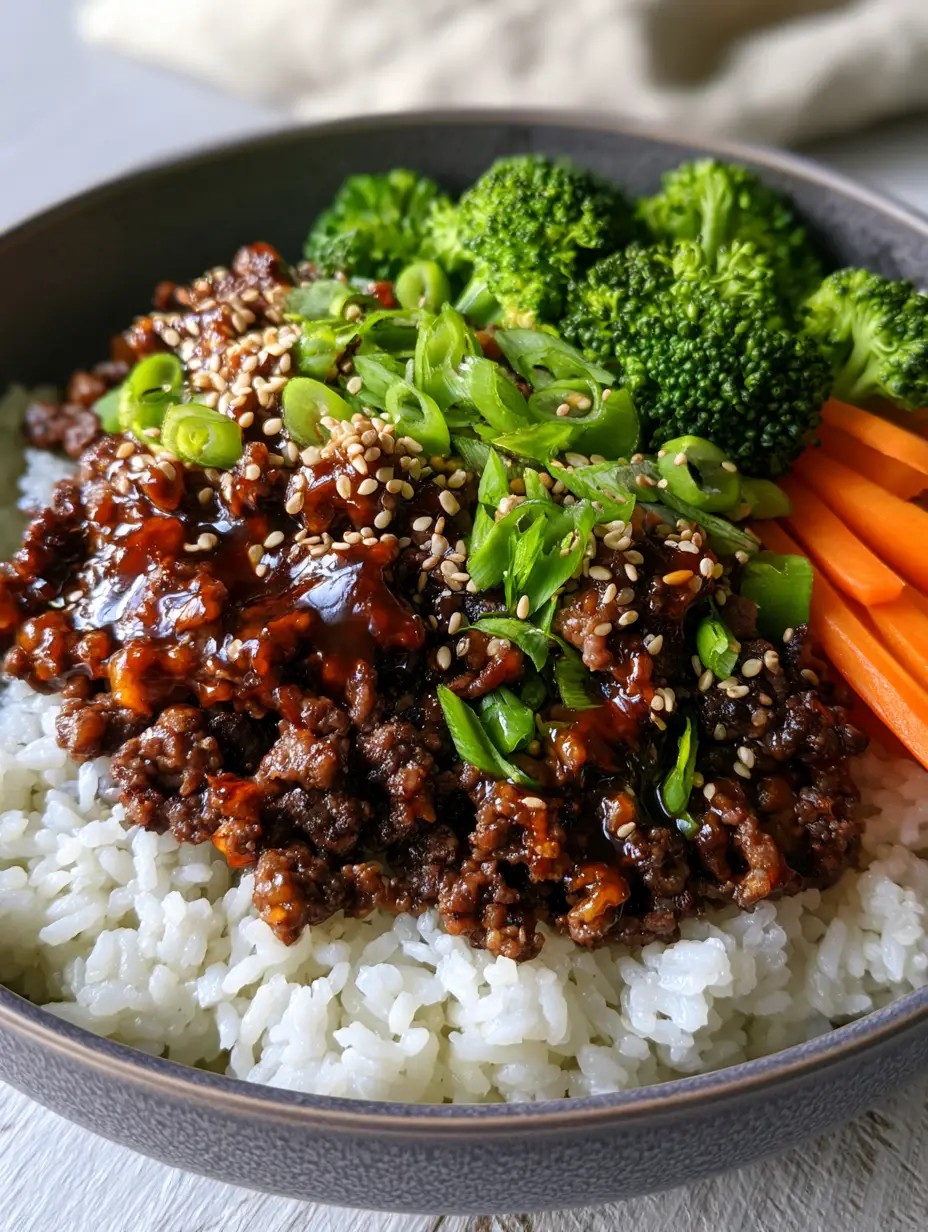 Teriyaki Bowl with Glossy Seared Beef and Crisp-Tender Vegetables 3 Close up of glossy amber teriyaki glaze on seared ground beef crumbles in a grey bowl. (Teriyaki Bowl)