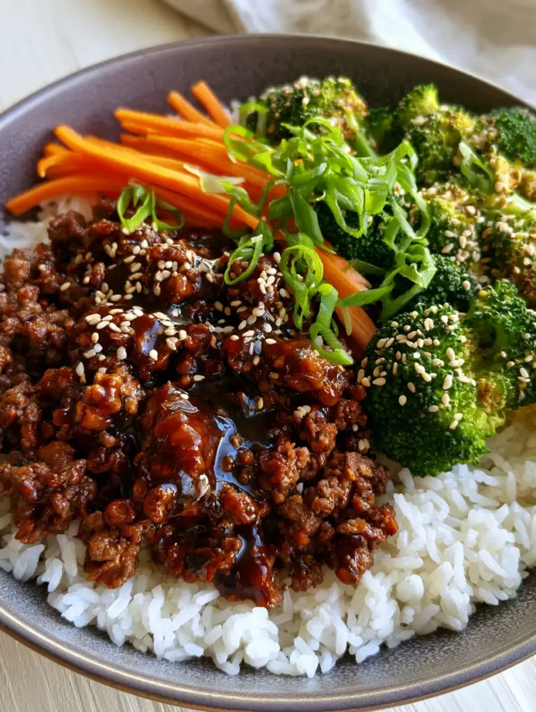 Teriyaki Bowl with Glossy Seared Beef and Crisp-Tender Vegetables 1 Overhead view of a Teriyaki Bowl with vibrant emerald broccoli and bright orange carrots on fluffy jasmine rice.