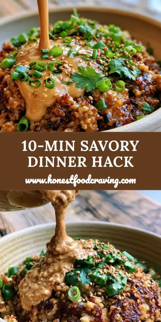 Savory Secrets to the Ultimate Crispy Caramelized Rice Bowl with Creamy Peanut Sauce 4 A close-up of a crispy caramelized rice bowl with a thick stream of peanut sauce being poured from a jar, topped with scallions and sesame seeds. (savory secrets)