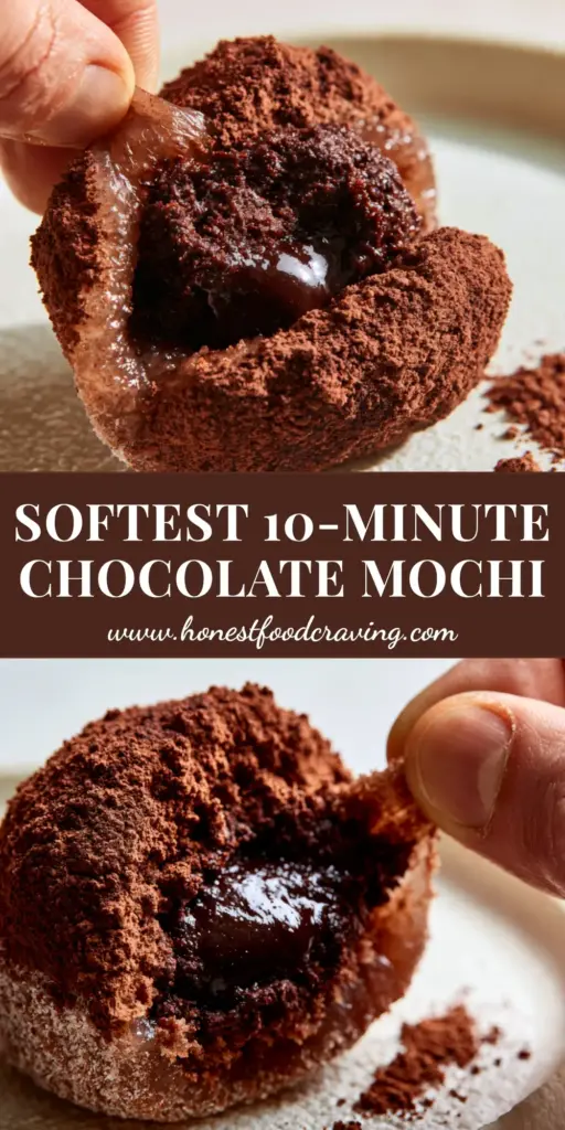 Chocolate Mochi with Molten Dark Chocolate Ganache Filling 4 A close-up of a hand pulling a stretchy chocolate mochi apart on a white plate, showing molten dark chocolate ganache and cocoa dusting.