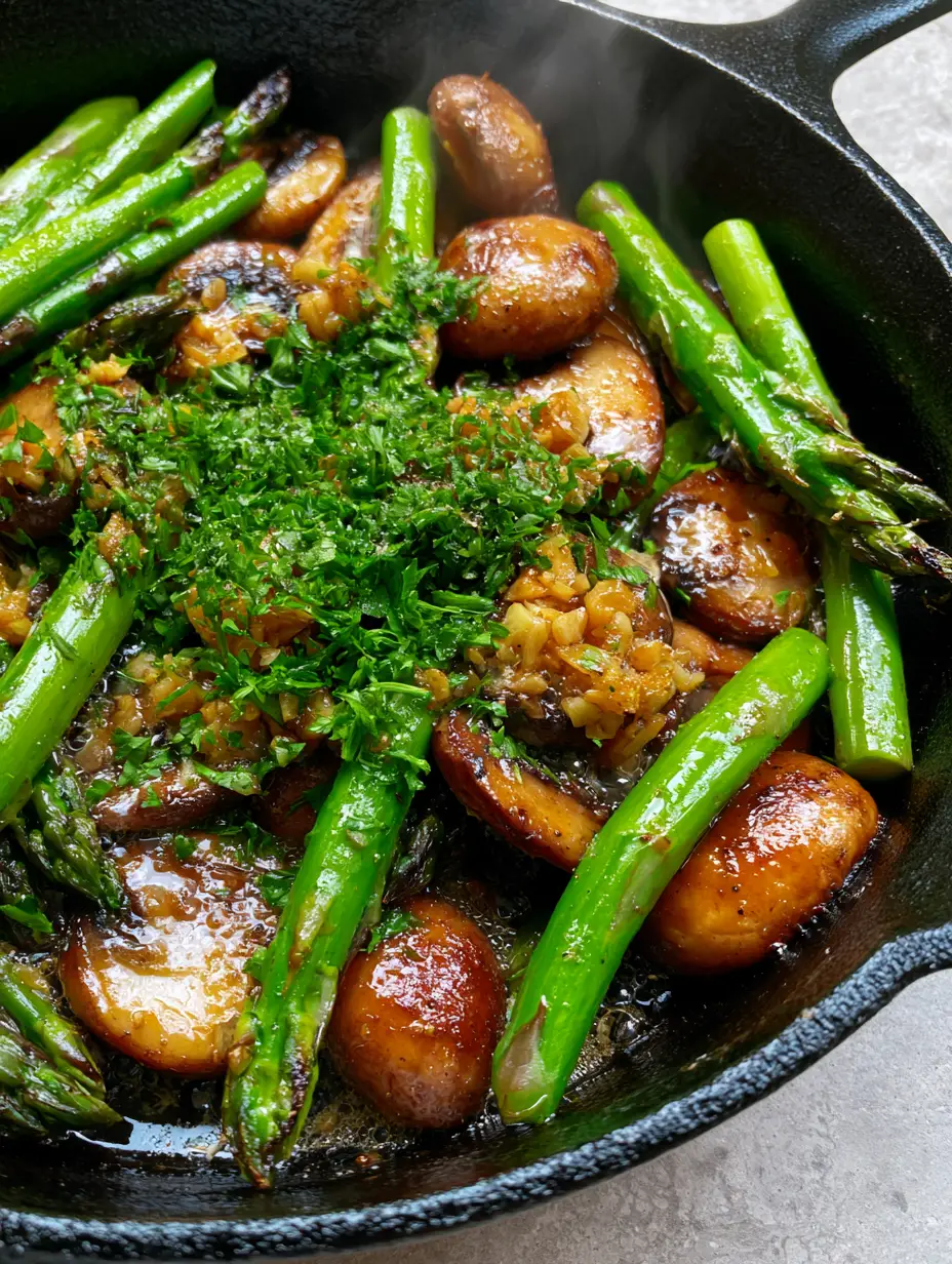 Close up of vibrant emerald asparagus spears and thick-cut seared mushrooms in a buttery glaze. (sauteed asparagus and mushrooms)