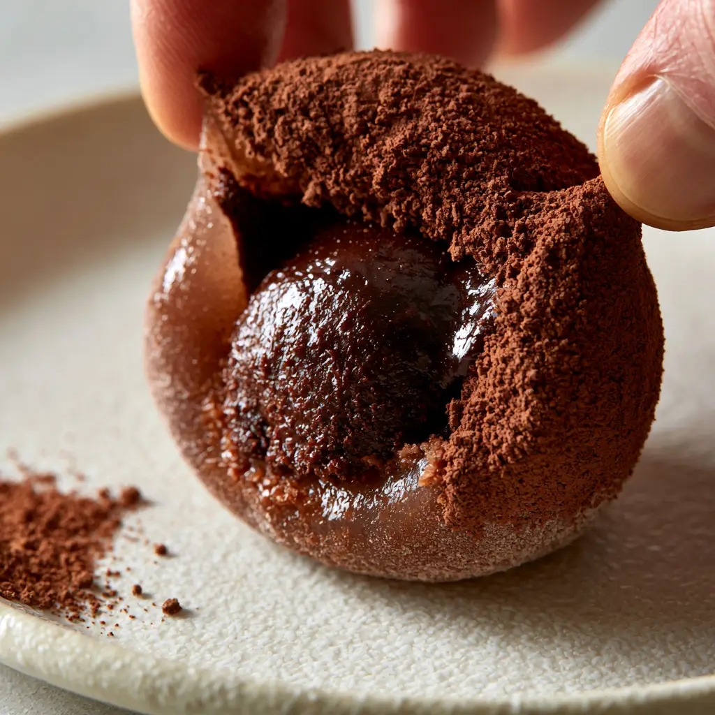 Chocolate Mochi with Molten Dark Chocolate Ganache Filling 2 Macro shot of chocolate mochi being pulled apart to reveal glossy ganache and translucent brown dough. (chocolate mochi)
