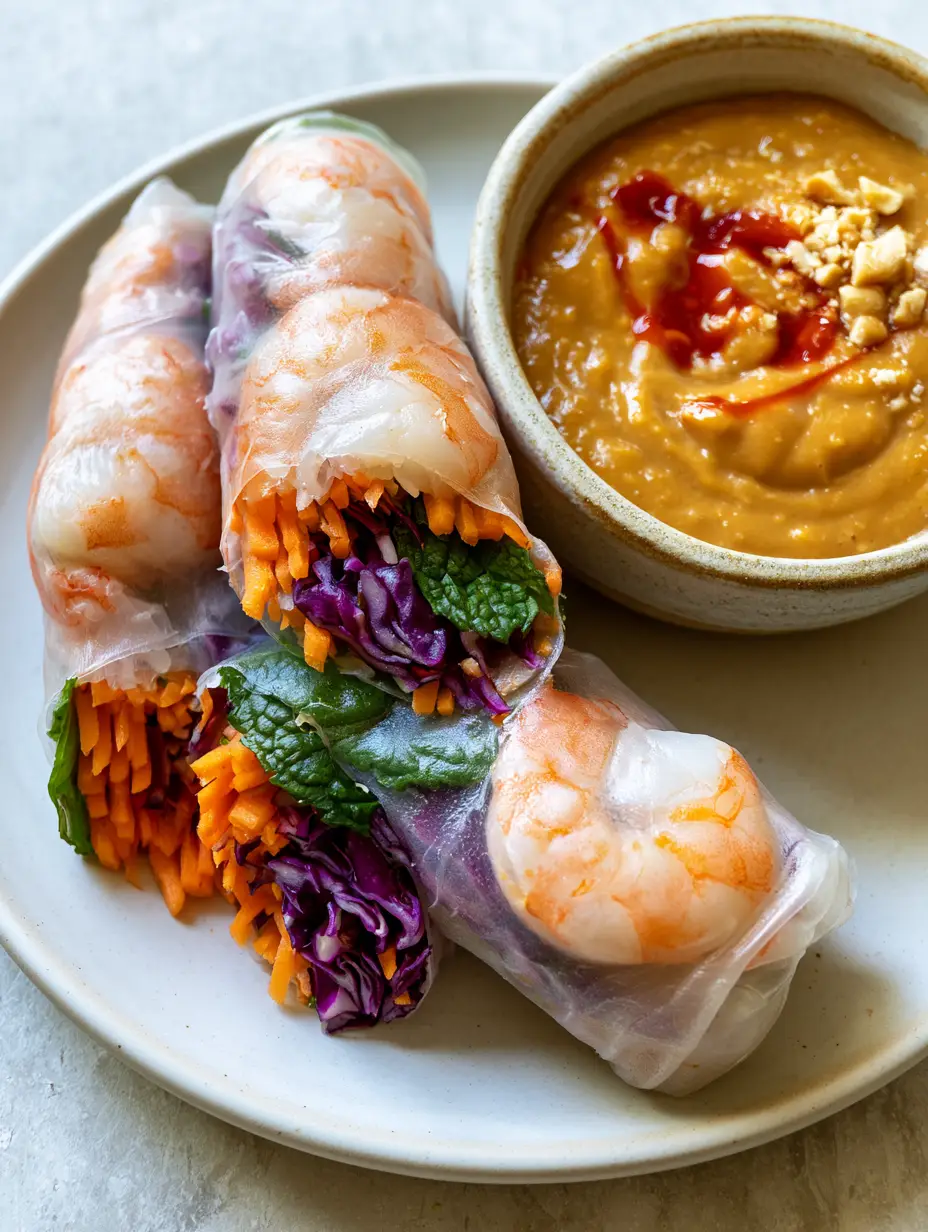Macro close-up of translucent rice paper rolls revealing orange carrots and pink shrimp. (Vietnamese Rice Paper Rolls Recipe)