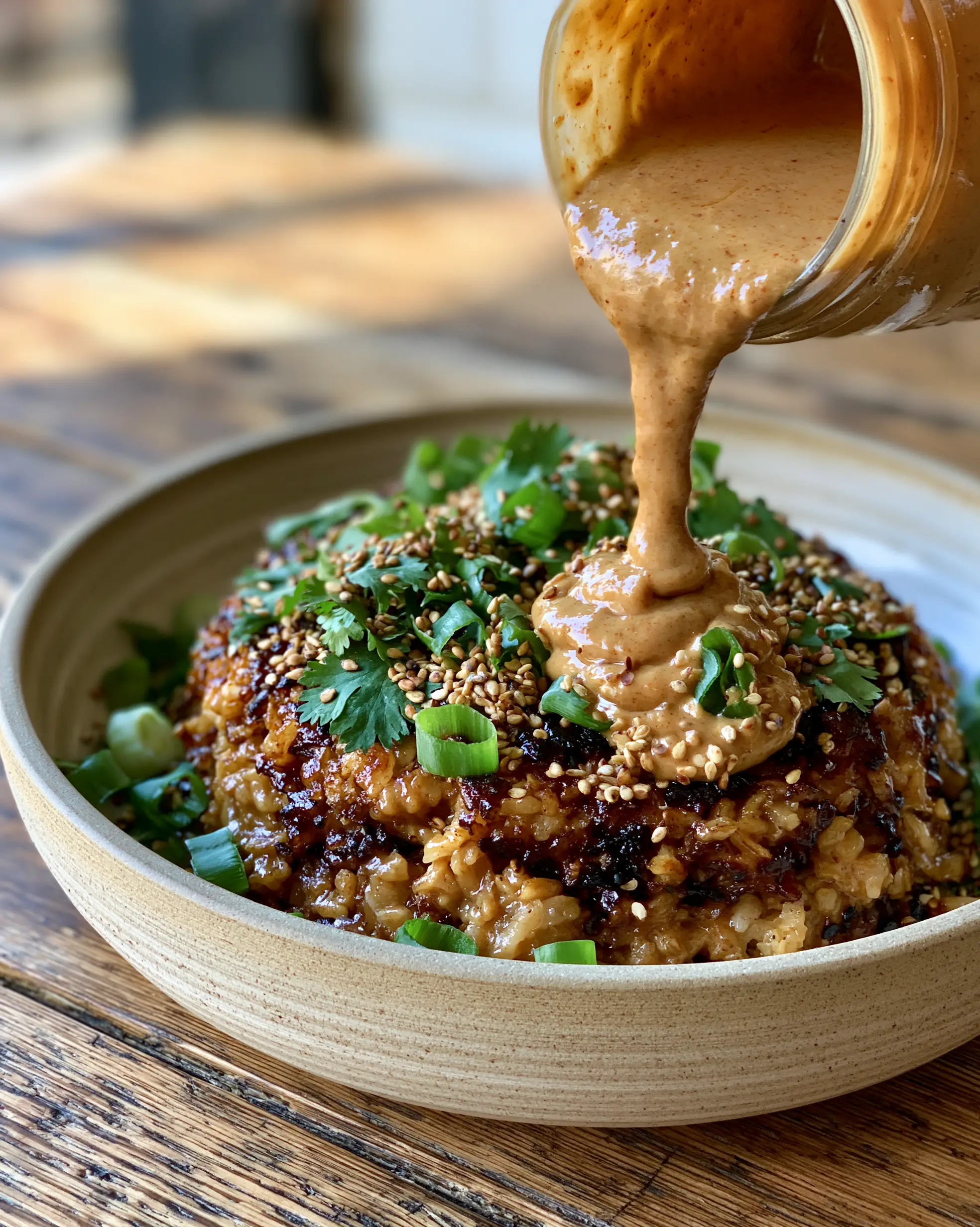 Savory Secrets to the Ultimate Crispy Caramelized Rice Bowl with Creamy Peanut Sauce 3 A handheld smartphone photo of a golden-brown toasted rice bowl with vibrant green herbs in a beige ceramic bowl on a rustic table. (savory secrets)