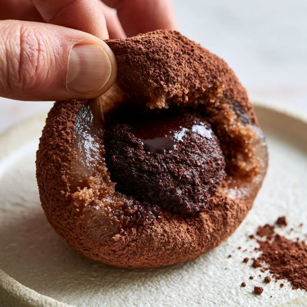 Chocolate Mochi with Molten Dark Chocolate Ganache Filling 1 A handheld smartphone photo of chocolate mochi with a molten dark chocolate center and matte cocoa powder finish.