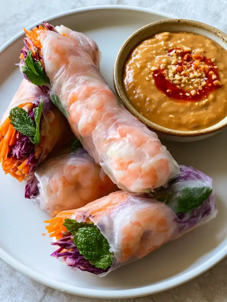 Three Vietnamese rice paper rolls on a white plate next to a bowl of peanut sauce with chili oil swirl.