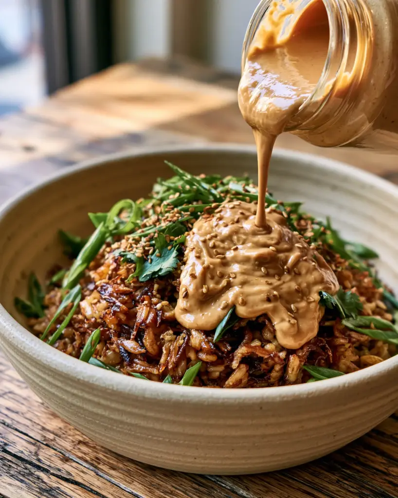 Savory Secrets to the Ultimate Crispy Caramelized Rice Bowl with Creamy Peanut Sauce 1 Overhead shot of a savory dinner bowl featuring crispy rice, cilantro, scallions, and a rich peanut sauce pour.