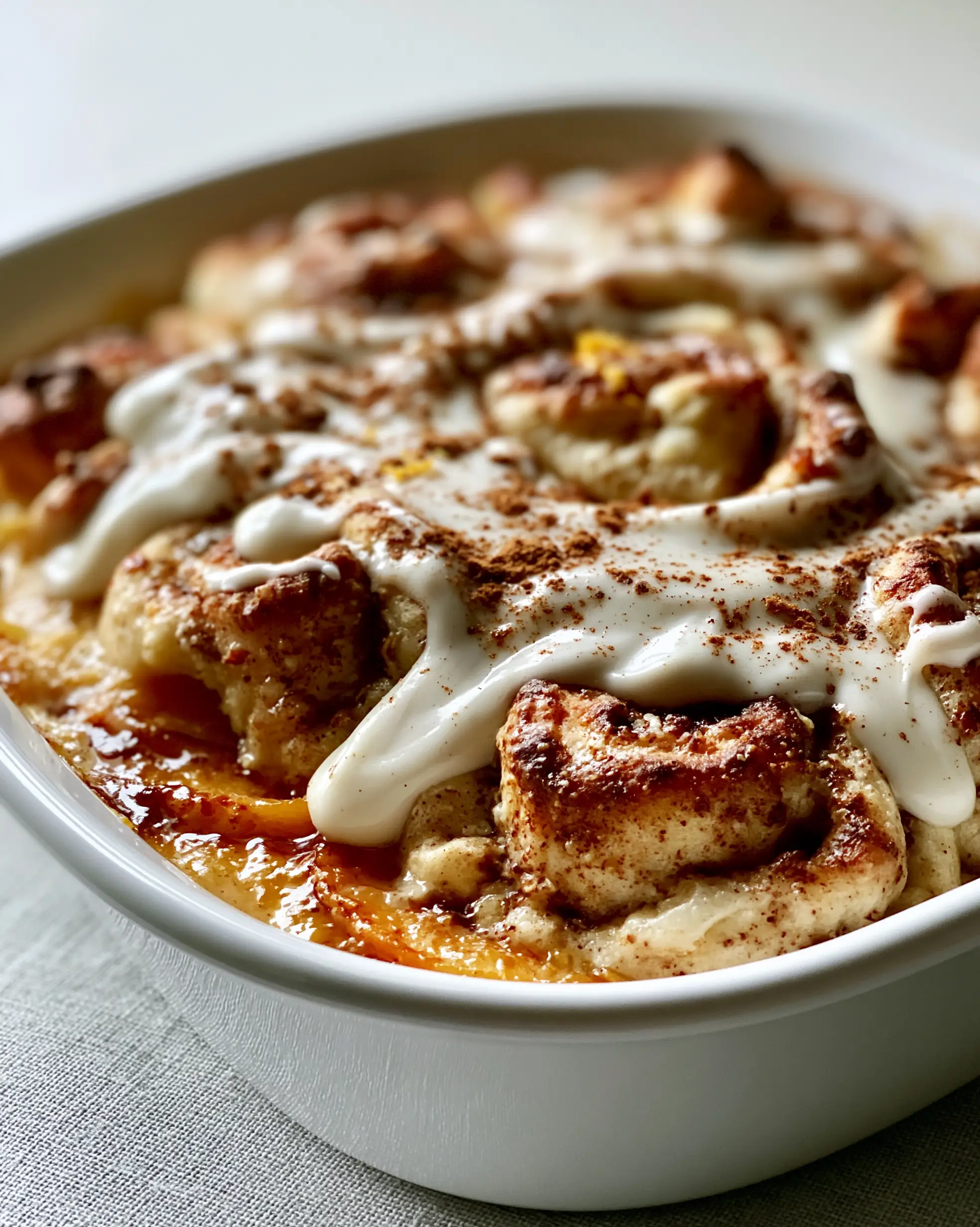 Macro shot of golden-brown cinnamon roll swirls with glistening caramelized peaches and white cream glaze. (peach cobbler cinnamon rolls)