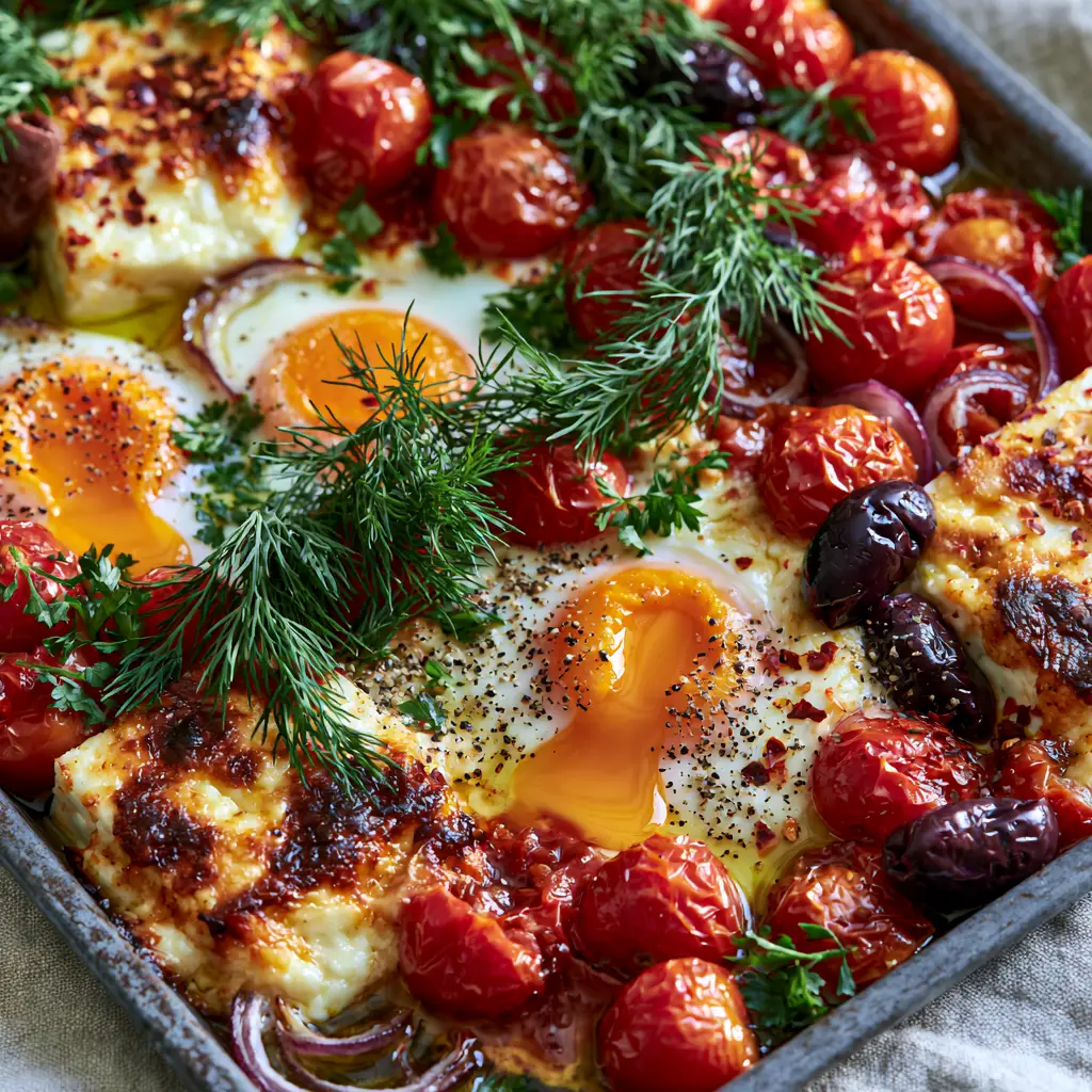 Close up of poached eggs with cracked black pepper and fresh chives in a rustic dish for Mediterranean Baked Feta Eggs.