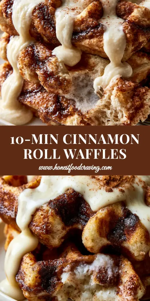 Cinnamon Waffles with Thick Cream Cheese Glaze and Caramelized Swirl 4 Extreme close-up of a stack of golden-brown Belgian cinnamon waffles with deep pockets, glistening caramelized cinnamon-sugar swirls, and thick ivory cream cheese glaze dripping down the sides.