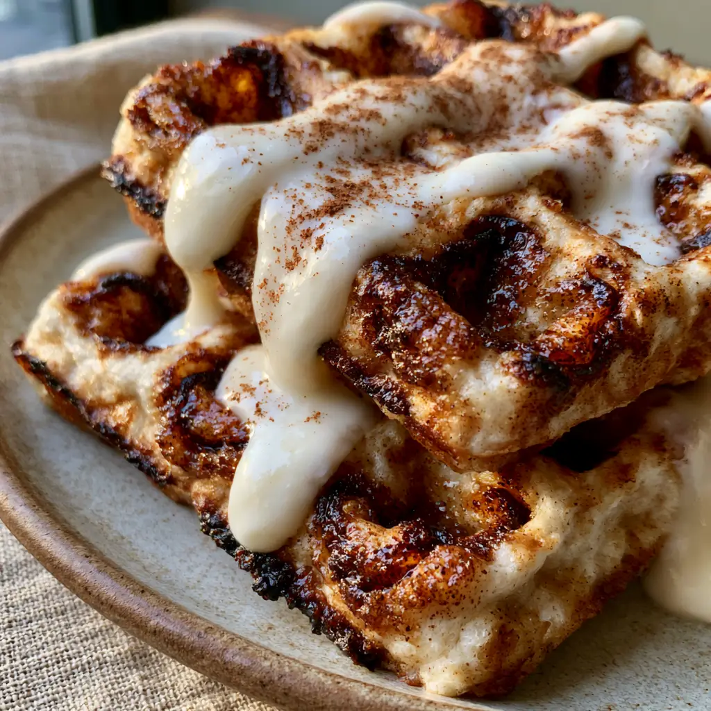 Side view of a waffle stack on a rustic plate with natural morning light highlighting the cinnamon brown sugar waffles.