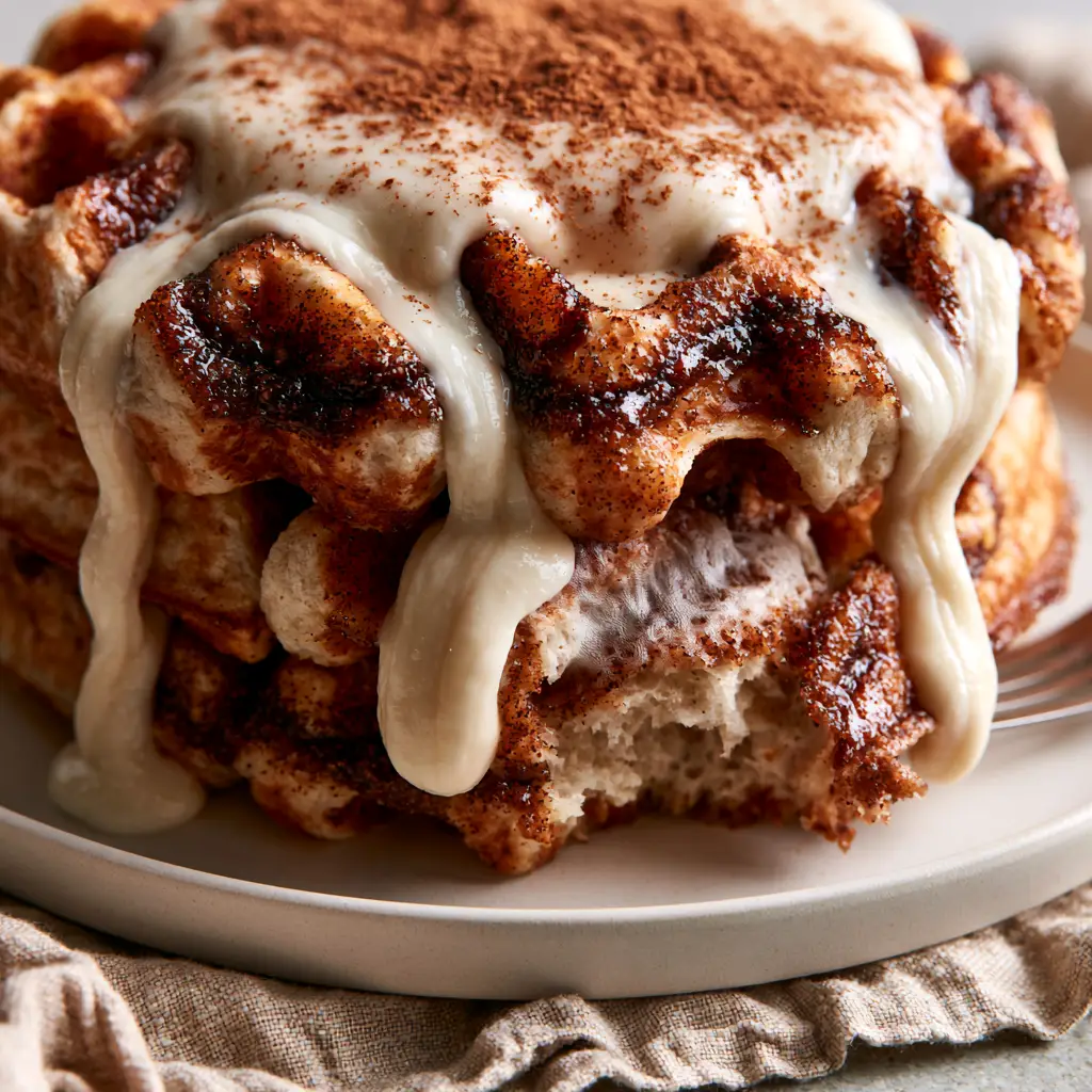 Cinnamon Waffles with Thick Cream Cheese Glaze and Caramelized Swirl 2 Macro shot of a cinnamon waffle being pulled apart, showing the steamy soft interior crumb and the crunchy golden-brown exterior toasted to perfection.