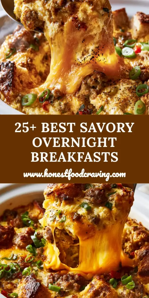 A close-up of a cheesy sausage and egg breakfast bake, showcasing the best overnight crockpot breakfast recipes.