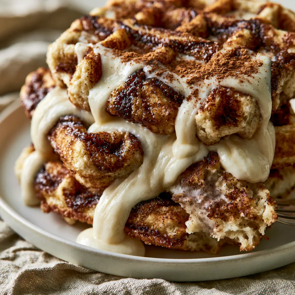 Cinnamon Waffles with Thick Cream Cheese Glaze and Caramelized Swirl 1 Top-down view of thick cream cheese glaze pooling into the deep craters of a cinnamon swirl waffle, dusted with fine cinnamon powder.