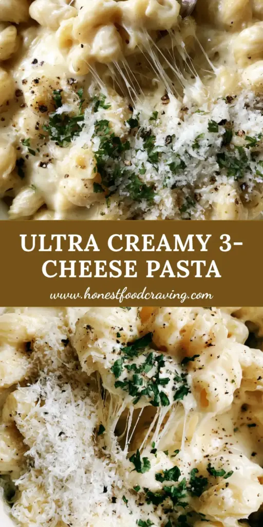 A silver vintage spoon lifting creamy three-cheese pasta from a white pot with long cheese strings. (three-cheese pasta)
