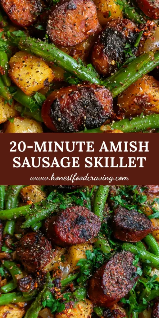A rustic cast iron skillet filled with Amish sausage and green beans, featuring charred kielbasa rounds and crispy golden potatoes on a wooden table.