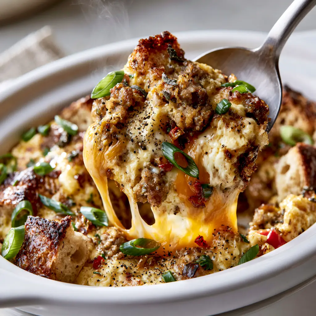 Close-up of golden-browned sausage crumbles and vibrant red peppers in a breakfast casserole.