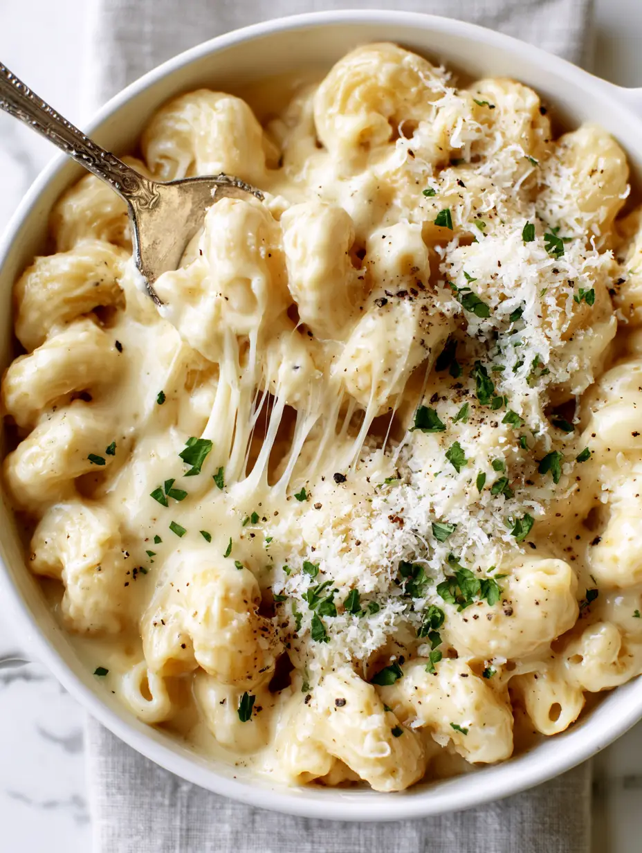 Top-down view of a white ceramic pot filled with glossy, pale ivory three-cheese pasta garnished with parsley. (three-cheese pasta)