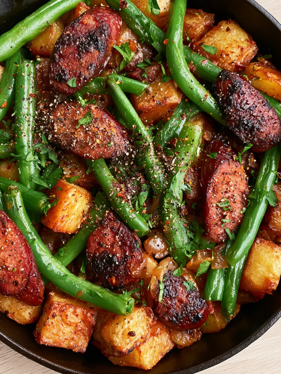 Top-down view of Amish sausage and green beans in a cast iron skillet with charred smoked sausage and blistered green beans.
