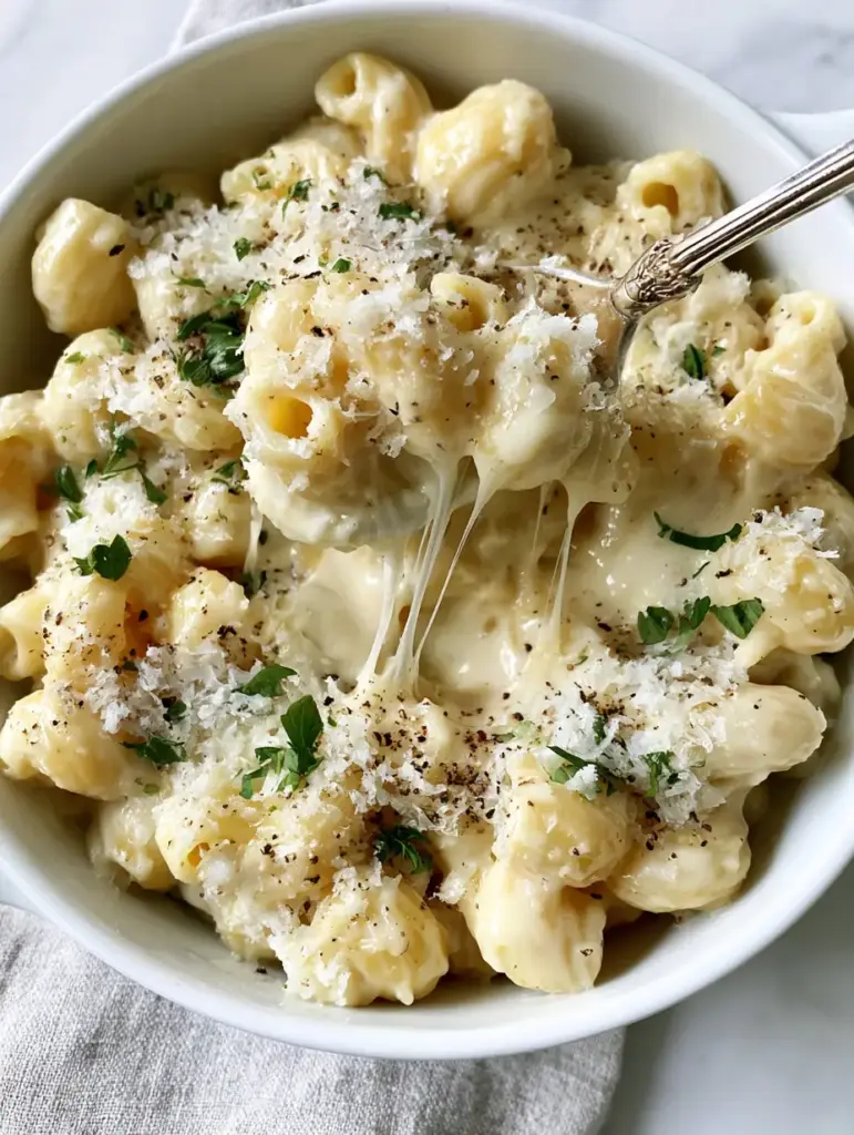 Detailed close-up of three-cheese pasta with micro-planed parmesan and coarse black pepper flakes.