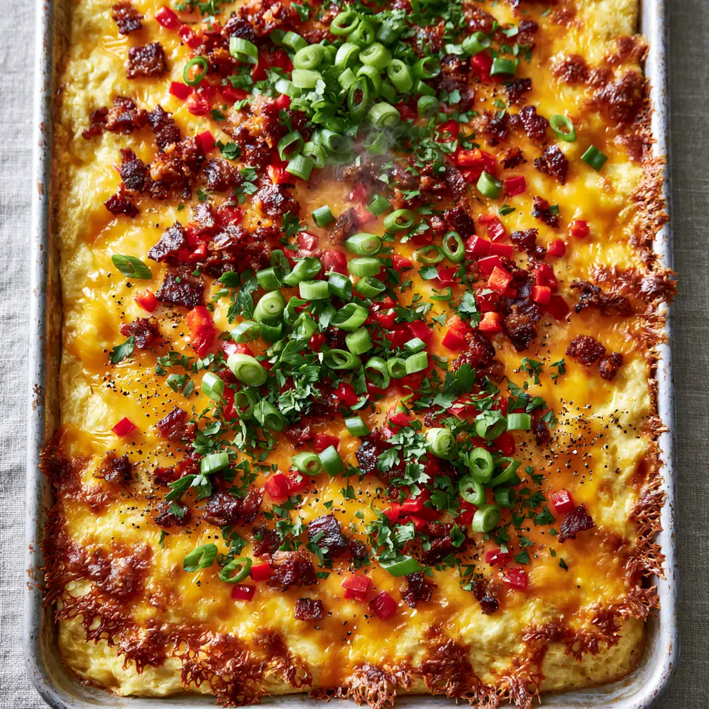 A full sheet pan of fluffy whisked eggs topped with red peppers and scallions on a linen tablecloth.