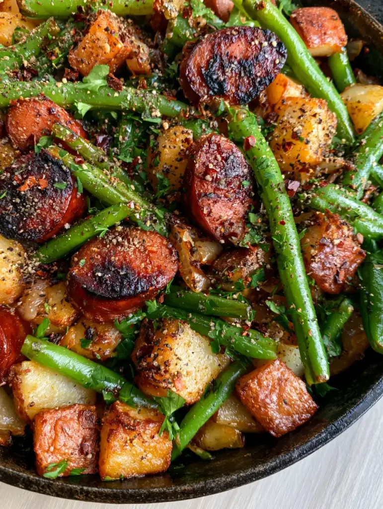 Close-up of crispy roasted potato cubes and vibrant green beans in an Amish sausage skillet dinner.