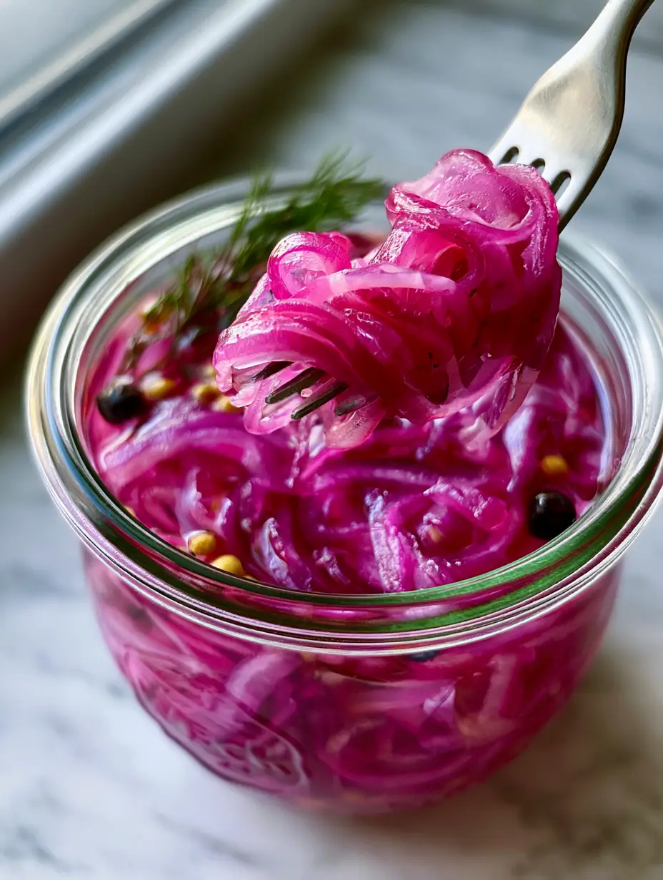 Pickling Recipes: The Ultimate Guide to Vibrant Quick Pickled Red Onions 3 A stainless steel fork lifting a tangle of translucent pink onion rings from a crystal-clear brine. (pickling recipes)