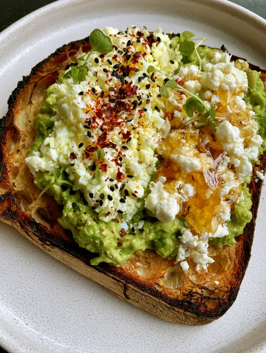 Extreme close-up of vibrant green avocado mash and fluffy grated egg on charred sourdough bread. (Avocado Toast Recipe)