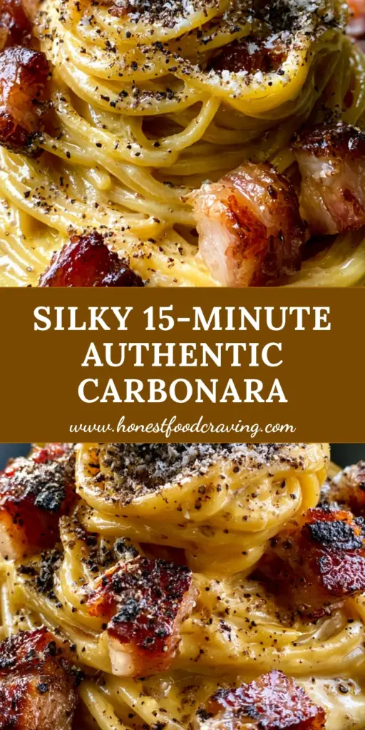 A tall, elegant nest of spaghetti carbonara in a charcoal bowl with glossy sauce and crispy guanciale. (Carbonara recipe)