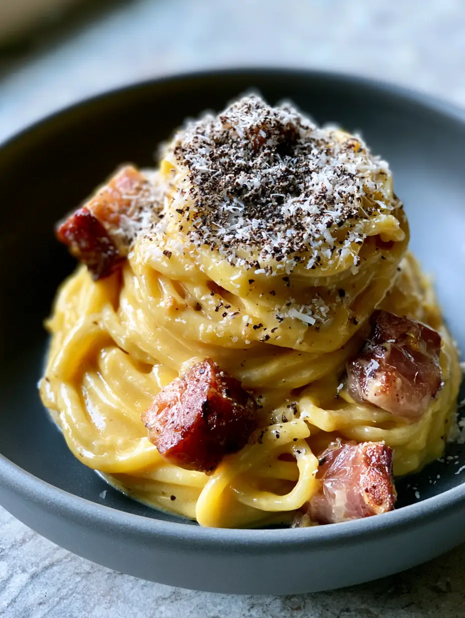 Close-up handheld photo of spaghetti carbonara with a glossy egg yolk emulsion and coarse black pepper. (Carbonara recipe)