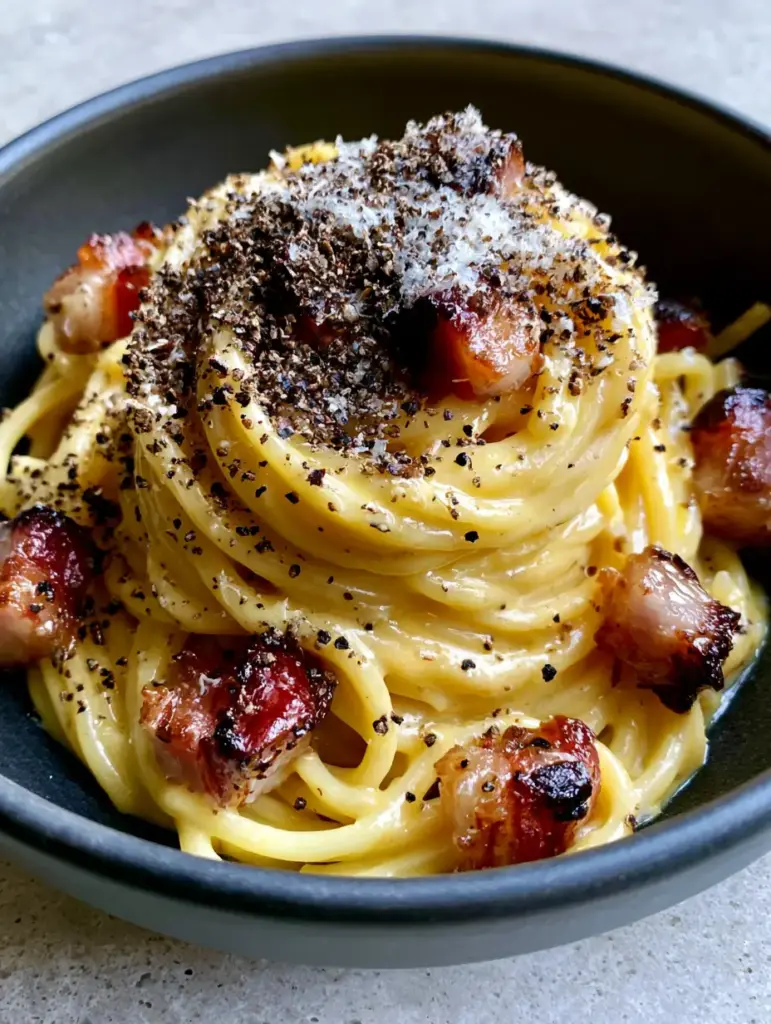 A tall nest of Carbonara topped with snow-like Pecorino Romano and crispy guanciale cubes. (Carbonara recipe)