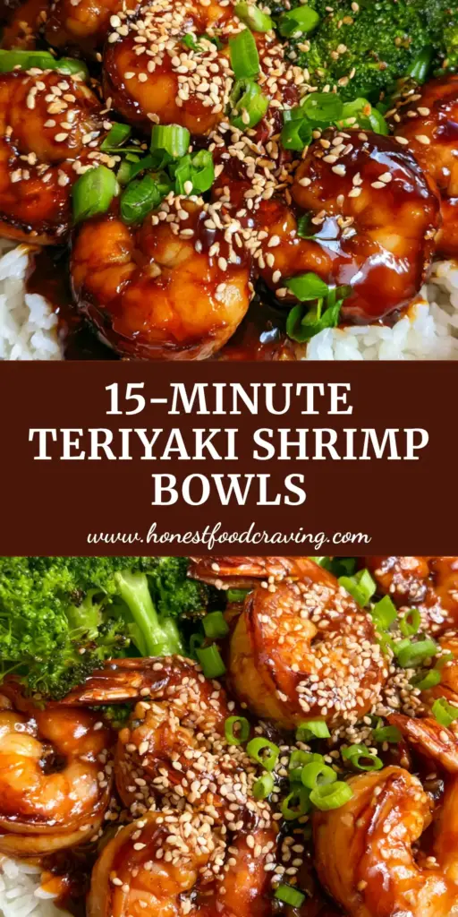 A high-angle close-up of Teriyaki Shrimp Rice Bowls in a charcoal ceramic bowl, featuring glistening mahogany shrimp, blistered broccoli, and sesame seeds.