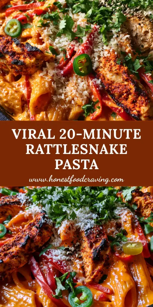 Spicy Rattlesnake Pasta: The Ultimate Creamy Blackened Chicken Recipe 3 A top-down view of Spicy Rattlesnake Pasta in a black skillet with creamy orange sauce, blackened chicken, and fresh cilantro garnish.