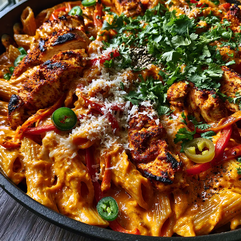 Spicy Rattlesnake Pasta: The Ultimate Creamy Blackened Chicken Recipe 2 Extreme close-up of Spicy Rattlesnake Pasta showing glossy orange-cream sauce on penne rigate and charred chicken edges.