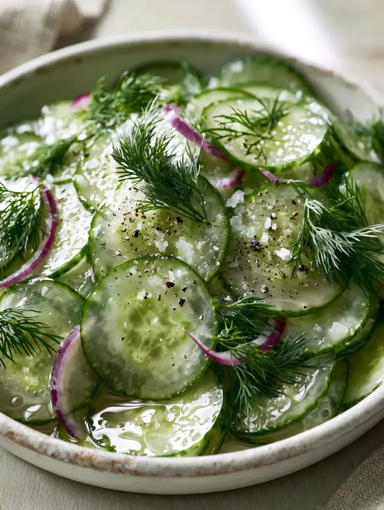 Top down view of vinegar cucumber salad with purple red onion slivers and coarse sea salt in a rustic white bowl.