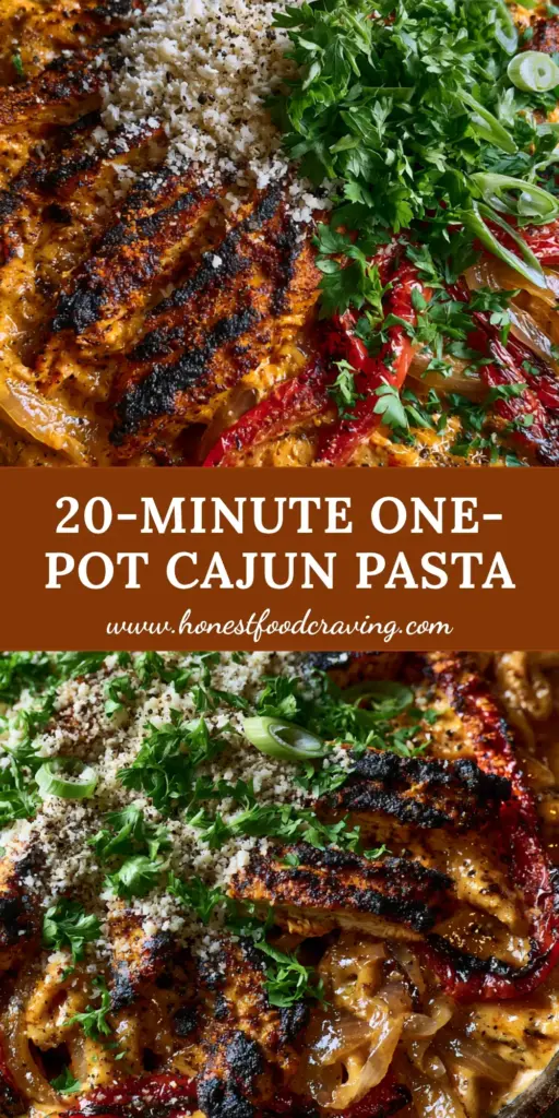 A close-up shot of a black skillet filled with a Creamy Cajun pasta recipe, featuring charred chicken and bright green parsley. (Creamy Cajun pasta recipe)