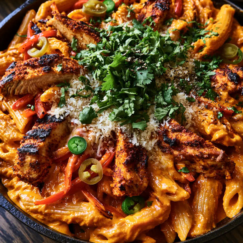 Spicy Rattlesnake Pasta: The Ultimate Creamy Blackened Chicken Recipe 1 High-angle shot of Spicy Rattlesnake Pasta featuring red bell peppers, pickled jalapeños, and melted parmesan.