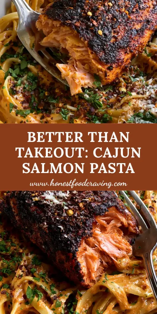A close-up shot of Blackened Cajun salmon pasta with a crispy spiced fillet flaked open with a fork over creamy fettuccine.
