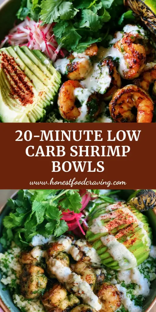 A vibrant ceramic bowl containing charred jumbo shrimp, fanned avocado slices, and cauliflower rice. (shrimp and avocado bowls)