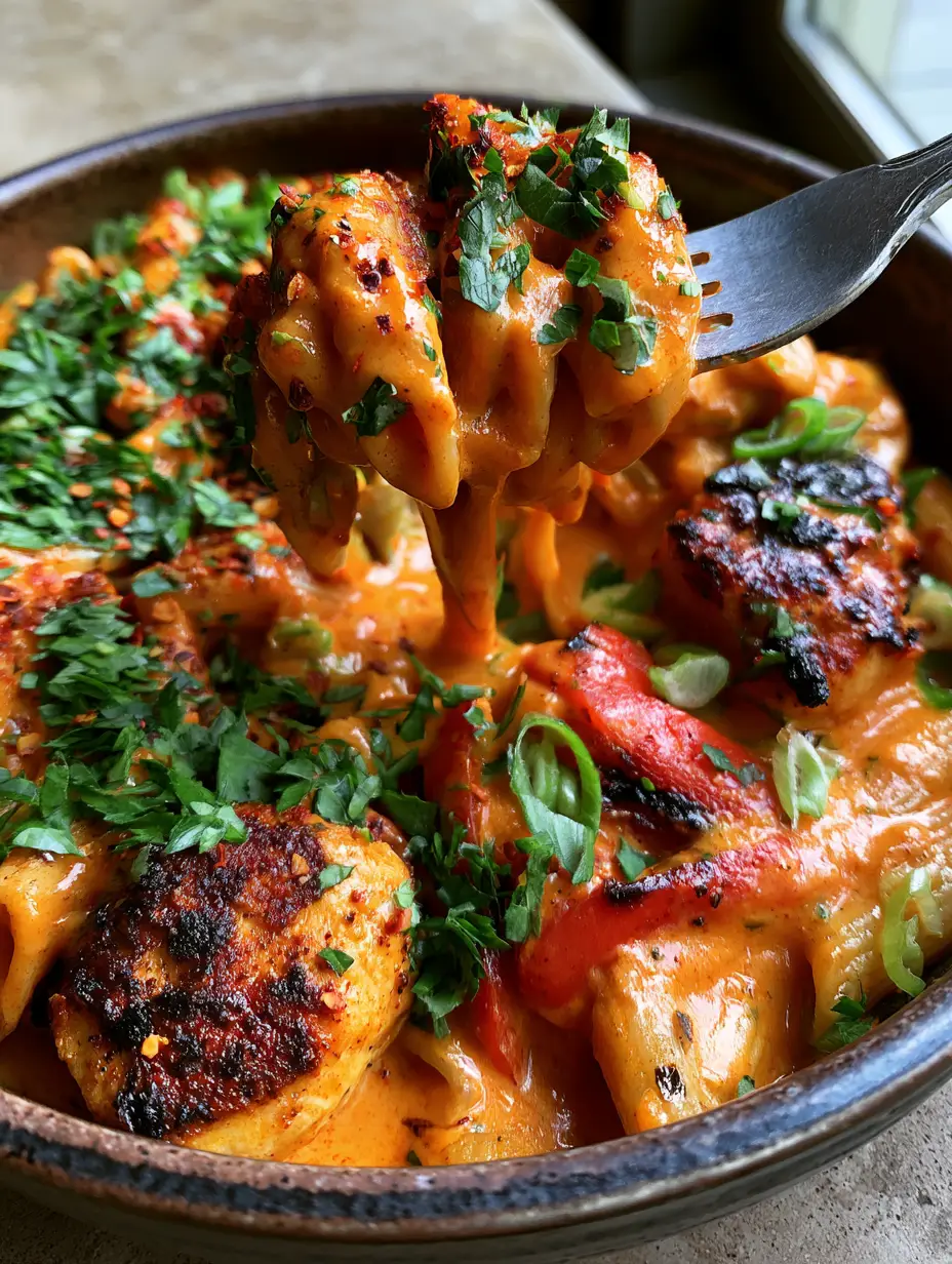 Cajun Linguine with Blackened Chicken and High-Gloss Cream Sauce 4 Extreme close-up of penne pasta coated in a vibrant orange Cajun cream sauce with charred red peppers and parsley. (Cajun Linguine)