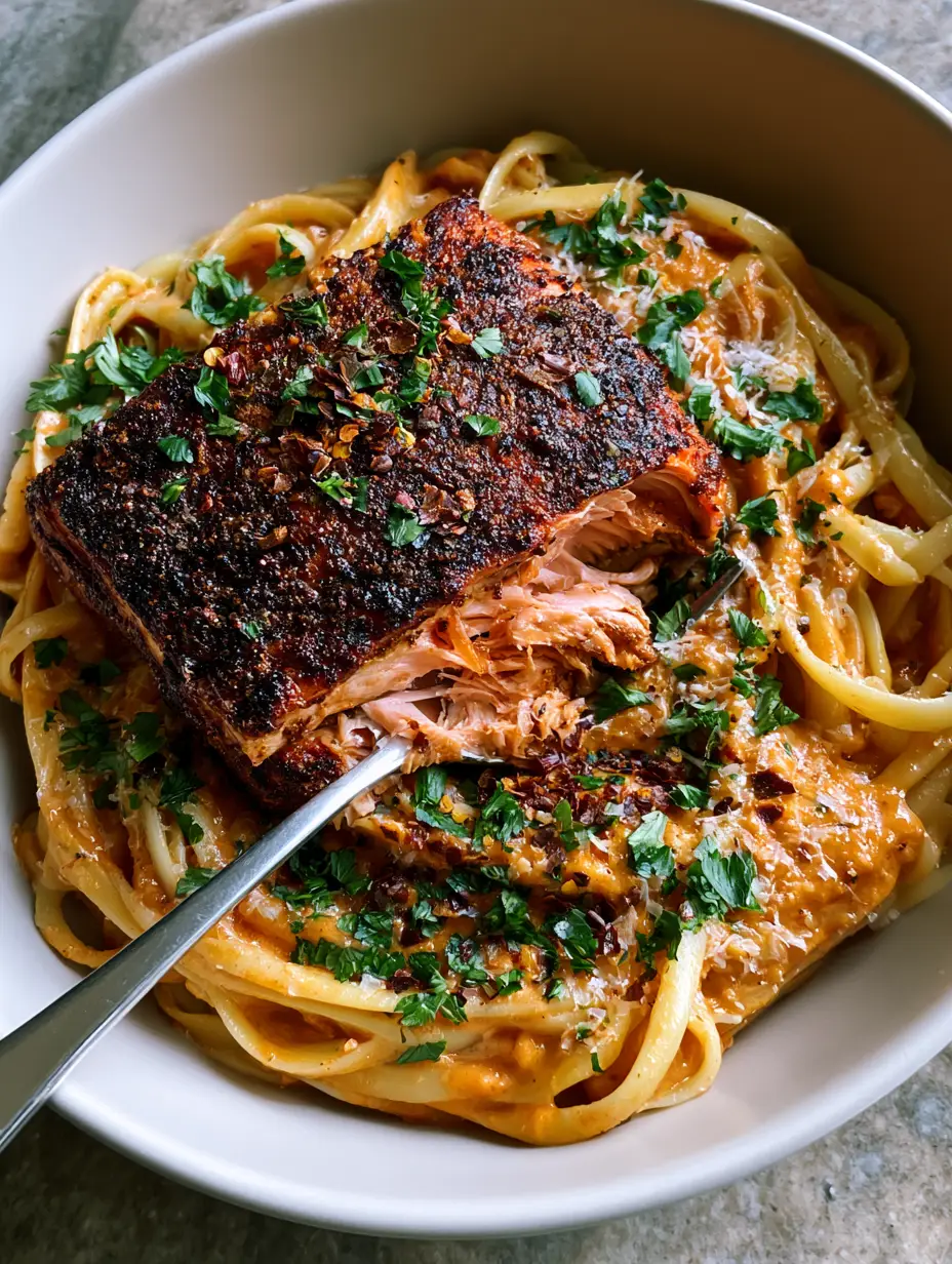 Top-down view of Blackened Cajun salmon pasta in a white bowl with fresh parsley and parmesan garnish.