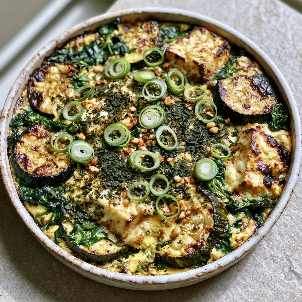 Top-down view of the completed Mediterranean zucchini bake with green onion garnish and toasted garlic bits.