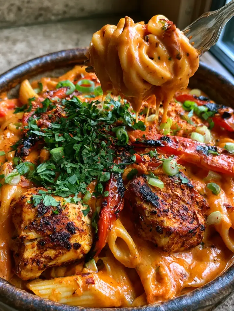 Cajun Linguine with Blackened Chicken and High-Gloss Cream Sauce 1 Blackened chicken chunks mixed with sauce-covered pasta in a dark ceramic bowl, garnished with green onions. (Cajun Linguine)