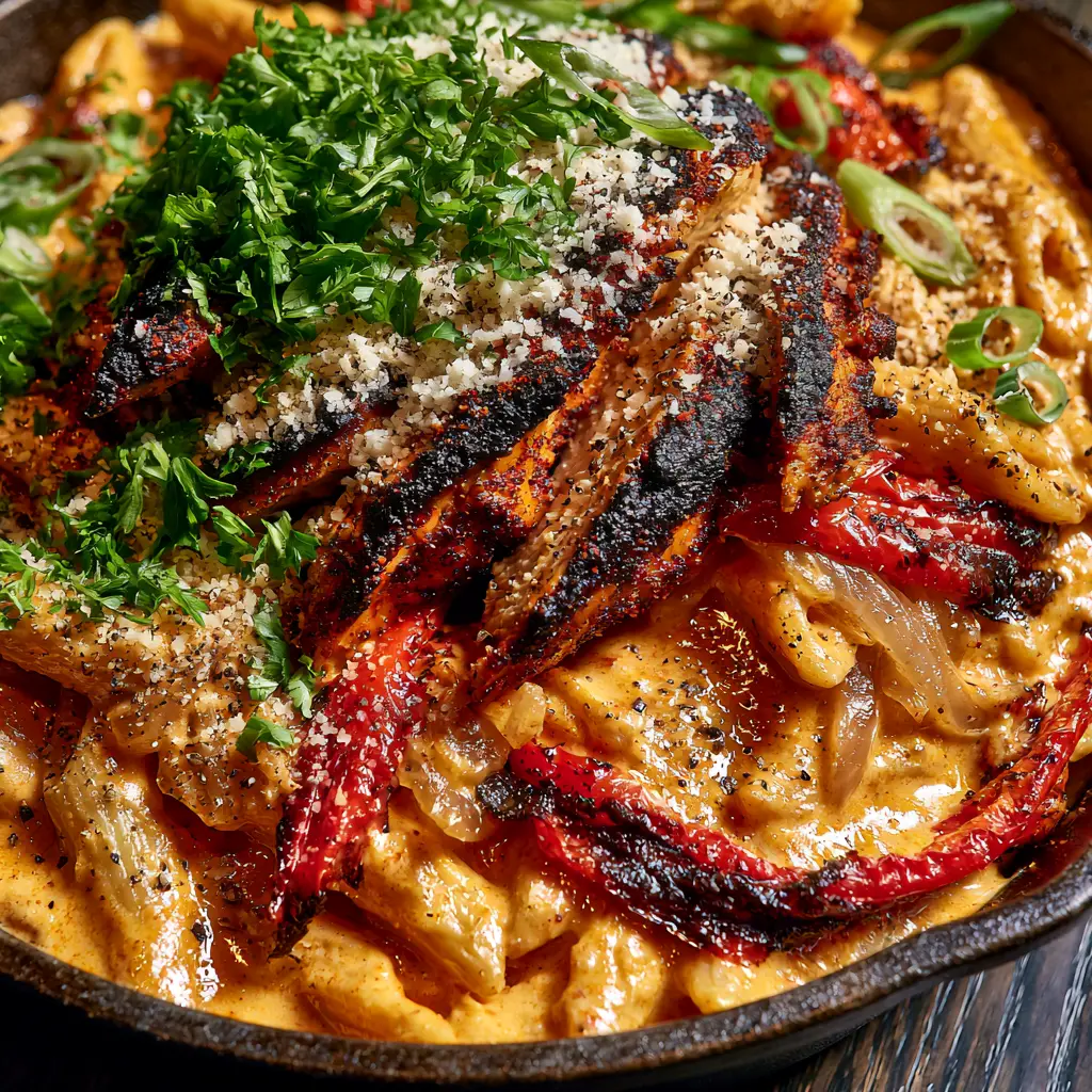 A rustic skillet filled with creamy cajun penne, blistered red peppers, and sliced scallions.