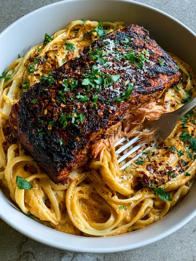 Detailed shot of the blackened crust on the salmon fillet resting on Cajun pasta.