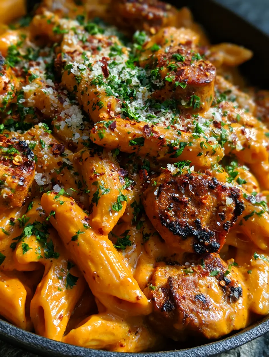Extreme macro close-up of cajun pasta in a matte black skillet with visible steam and glossy orange sauce.