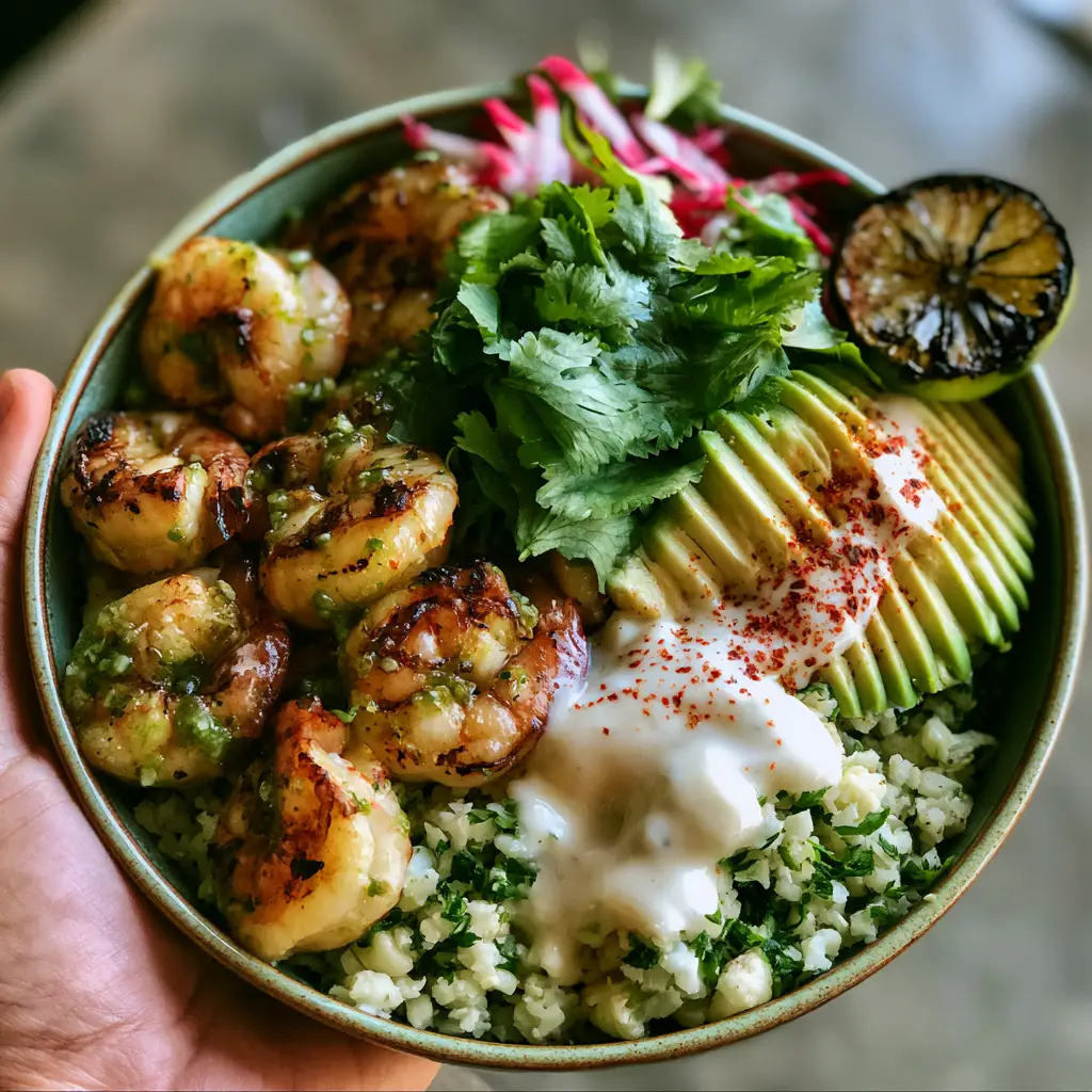 Close up of fanned avocado and seared shrimp with red pepper flakes in a ceramic bowl.